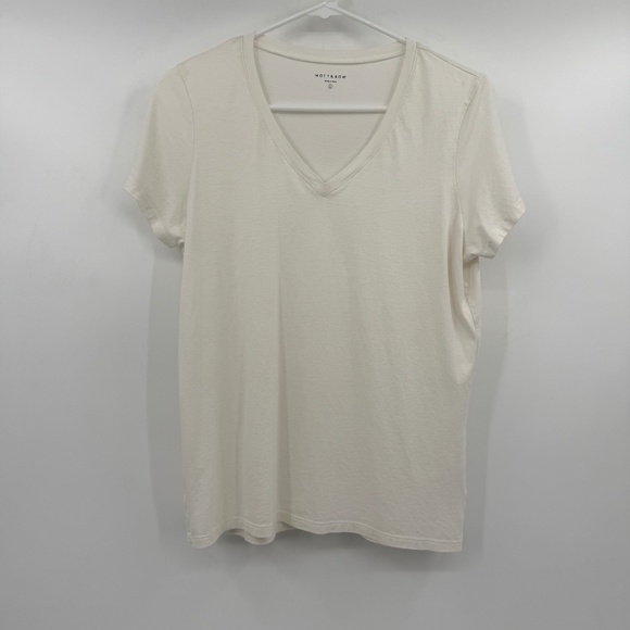 Mott Bow Tee Women Large White V Neck Top Short Sleeve Minimalist Soft Knit - Picture 1 of 8